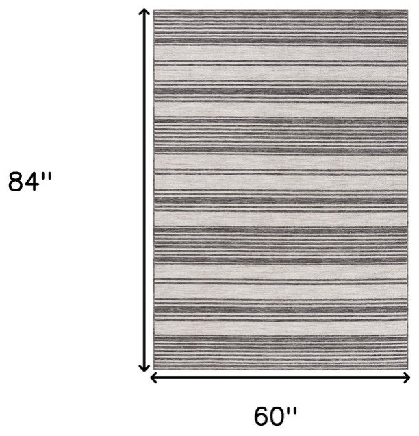 5' X 7' Gray And Ivory Striped Indoor Outdoor Area Rug