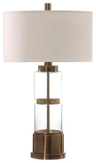 Uttermost Vaiga Steel Glass and Fabric Table Lamp in Antique Brass and White