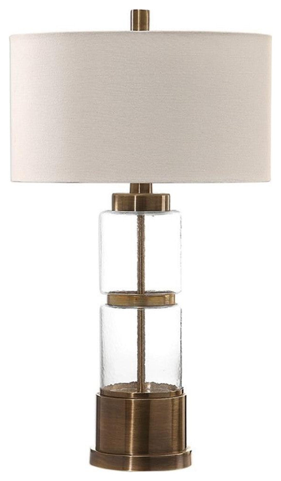 Uttermost Vaiga Steel Glass and Fabric Table Lamp in Antique Brass and White