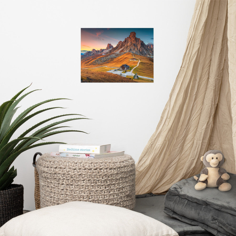 Sunset at Alpine Mountain Pass Rural Landscape Photo Wall Art Print, 12" X 16"