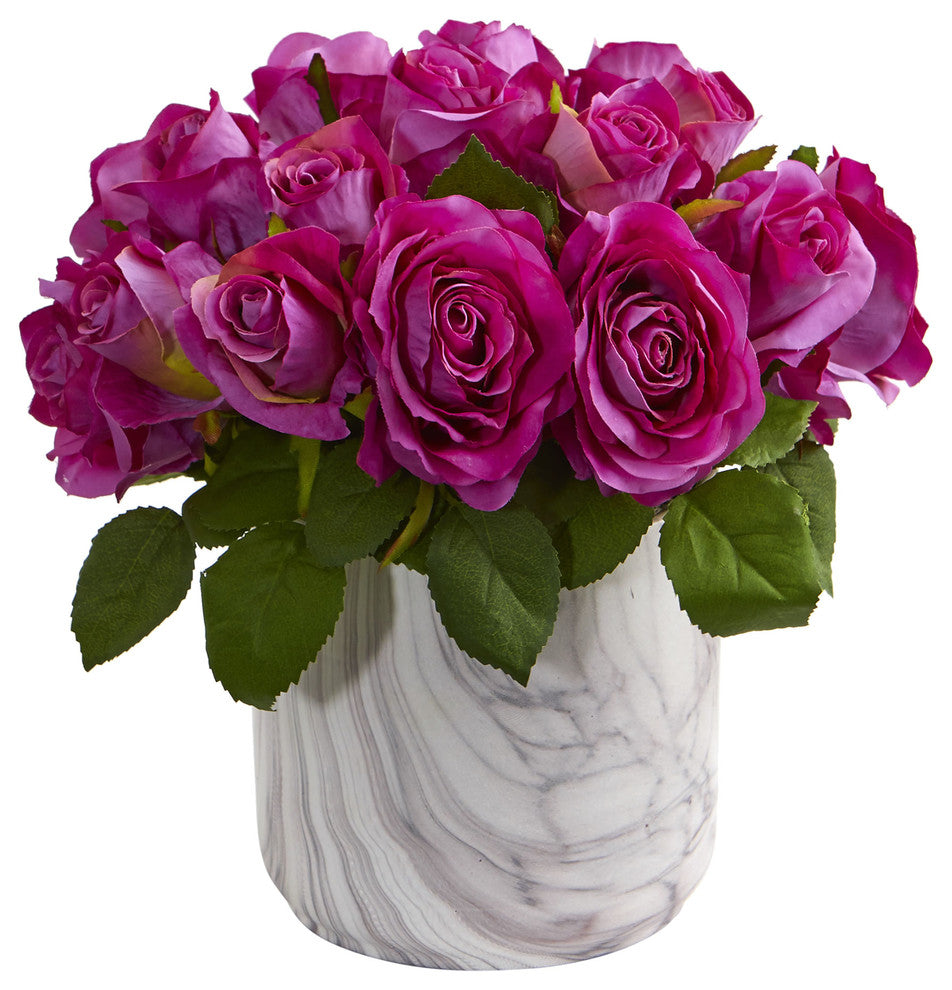 Nearly Natural Rose Artificial Arrangement in Marble Finished Vase Purple