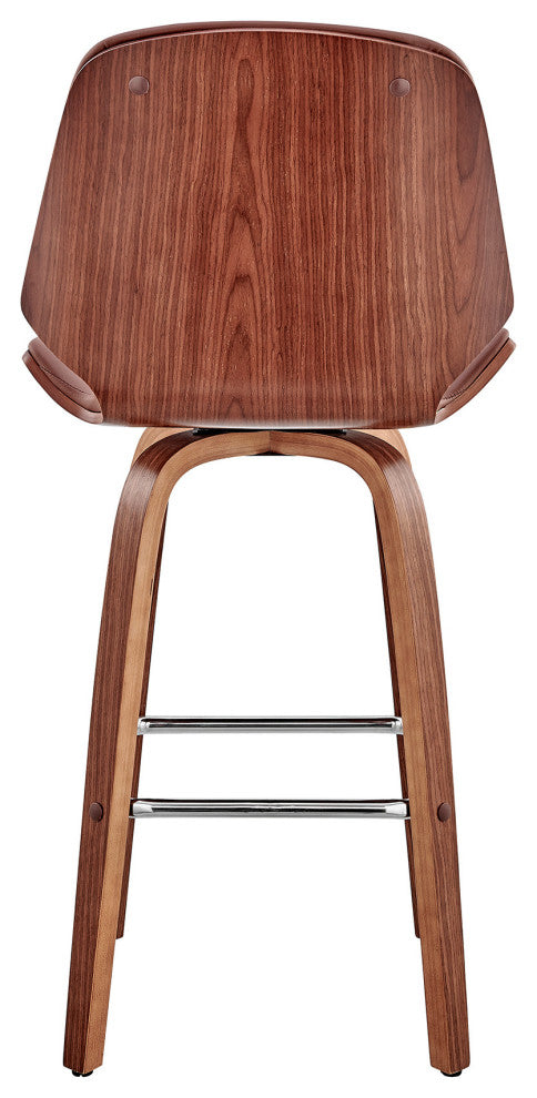 26" Brown Faux Leather Swivel Seat Wooden Bar Stool