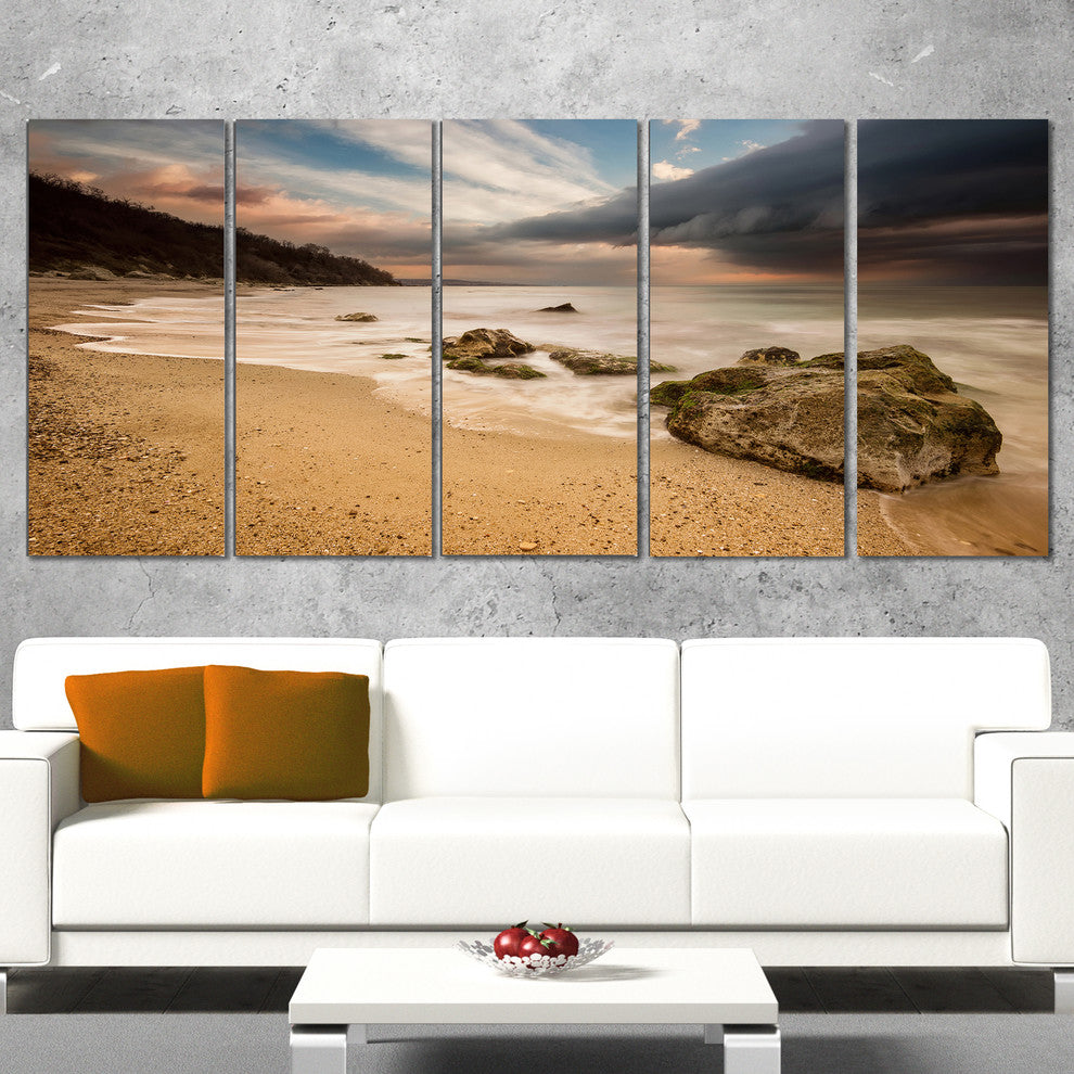 "Exotic Seashore With White Waves" Beach Canvas Wall Art, 5 Panels, 60"x28"