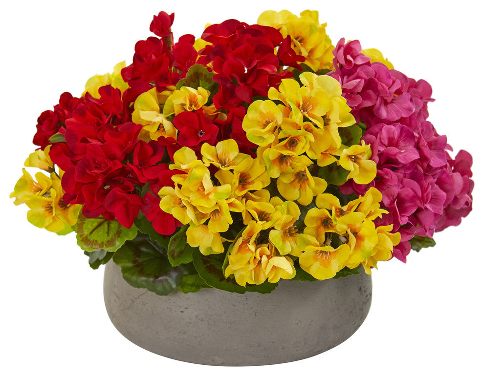 Nearly Natural Geranium Artificial Plant in Stone Planter UV Resistant Assorted