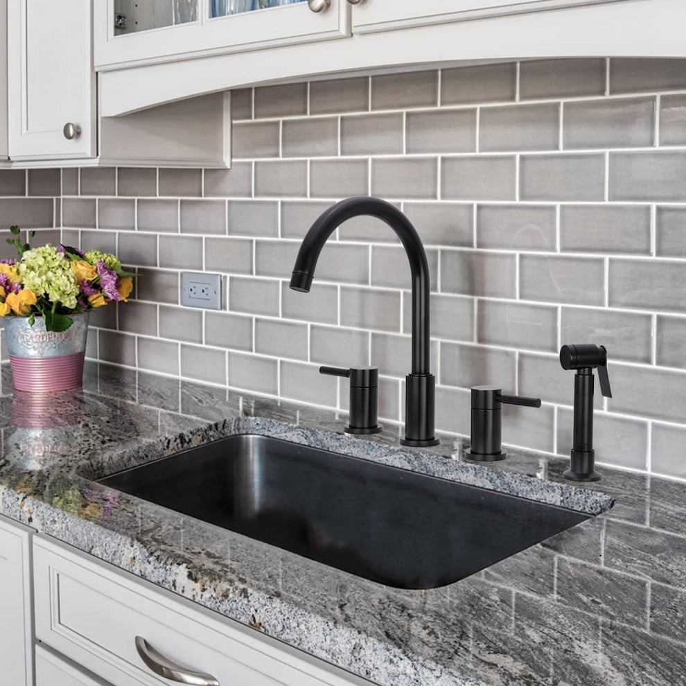 Two-Handles Copper Widespread Kitchen Faucet With Side Sprayer, Matte Black