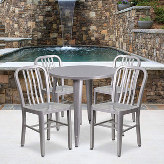 5-Piece Patio Dining Set with Round Table and Slatted Back Chairs, Gray