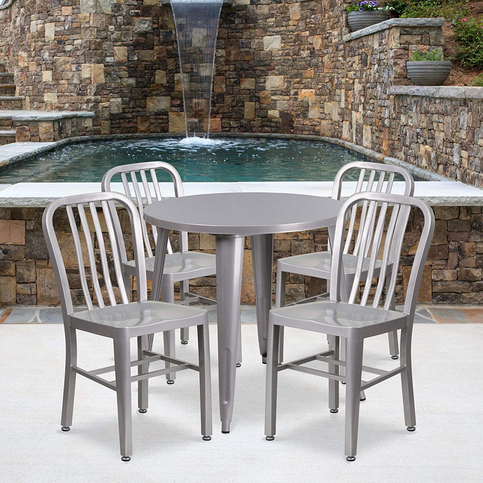 5-Piece Patio Dining Set with Round Table and Slatted Back Chairs, Gray