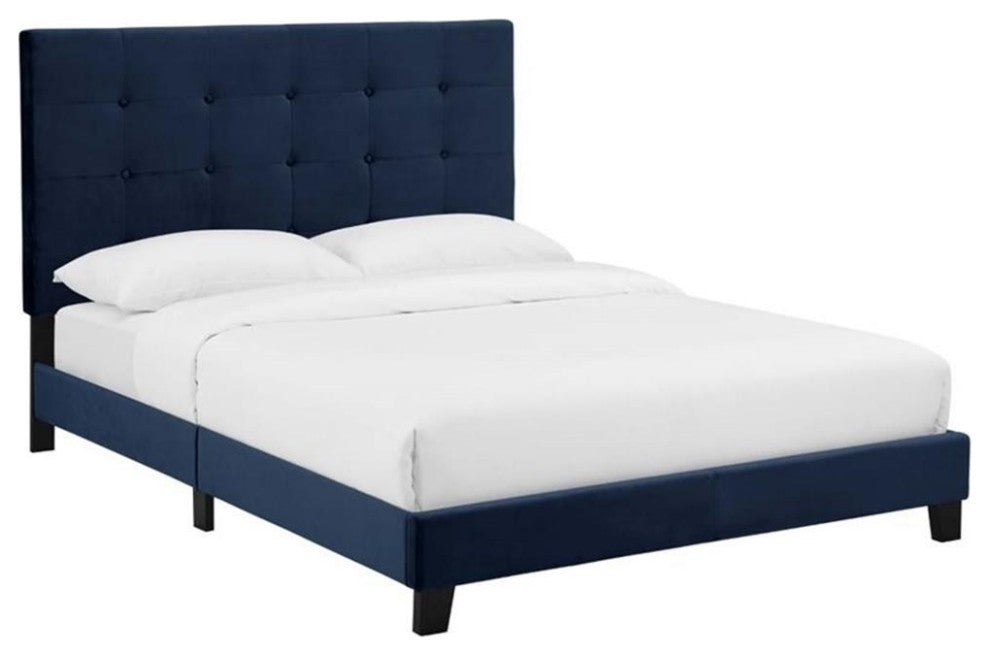 Modway Melanie King Tufted Button Velvet Platform Bed in Midnight Blue
