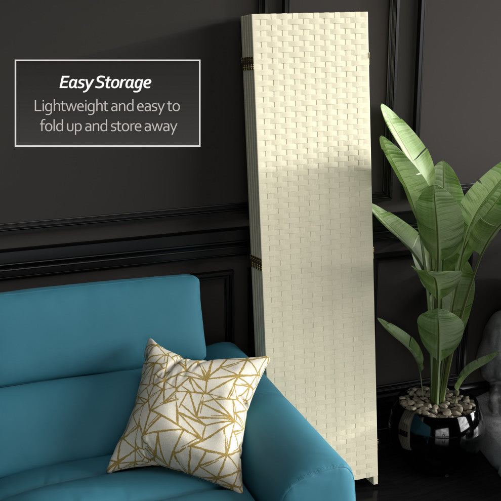 6' Tall Woven Fiber Room Divider, 5 Panel, Cream