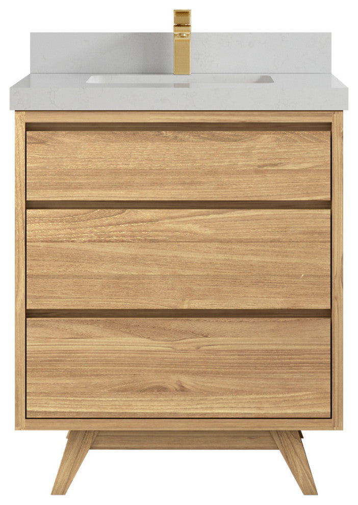Madison Teak 30 Single Sink Bath Vanity in Light Natural 2" Carrara Quartz
