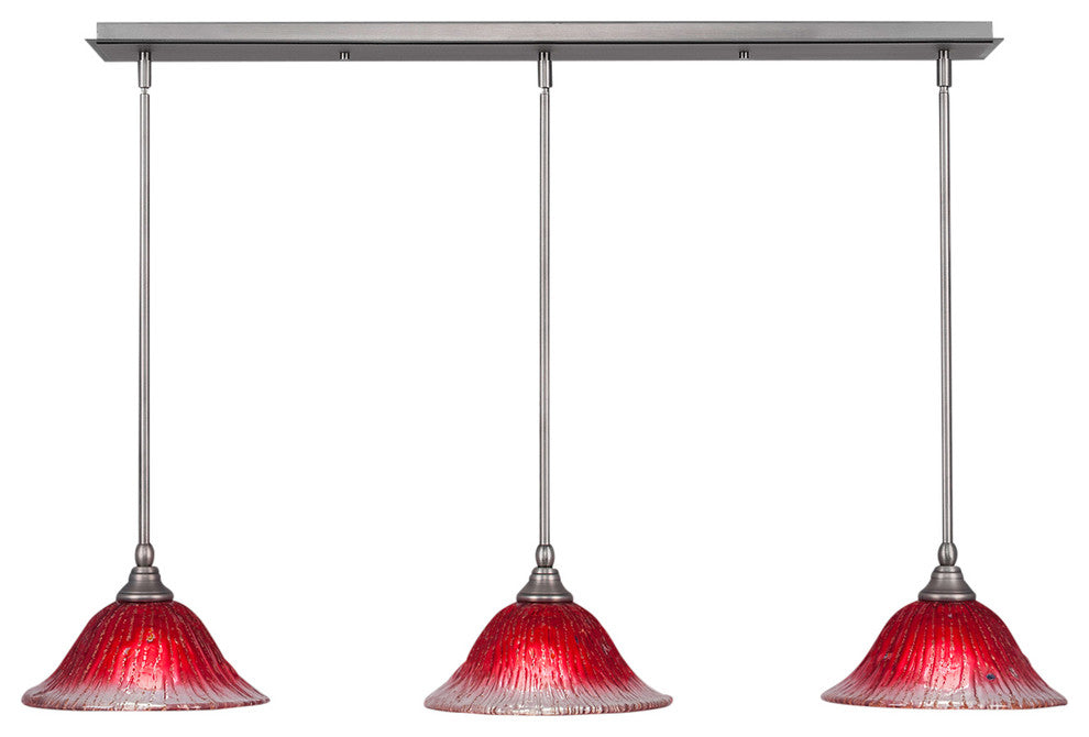 3 Light Mini Pendant In Brushed Nickel, 10" Raspberry Crystal Glass