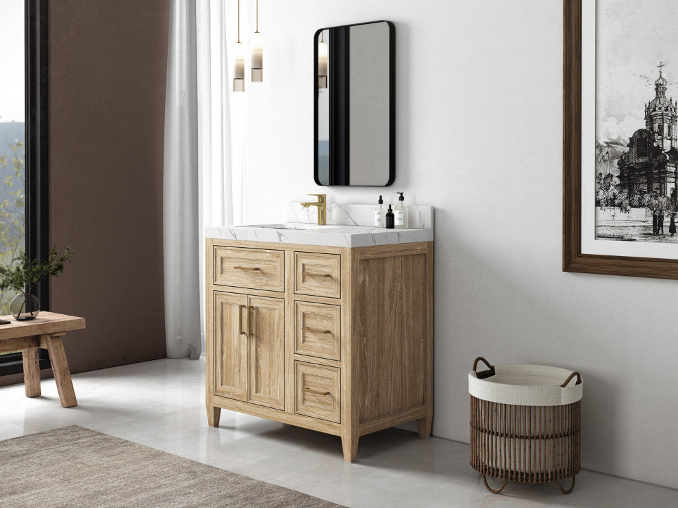 Santa Monica 36 Left Offset  Bath Vanity in Whitewashed Teak 2" White Quartz