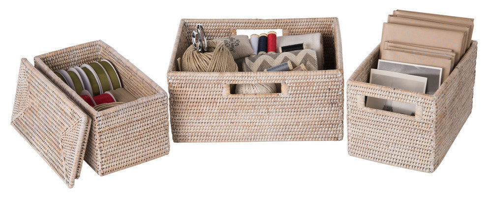 La Jolla Rattan Shelf Basket With Handles, Medium, White Wash