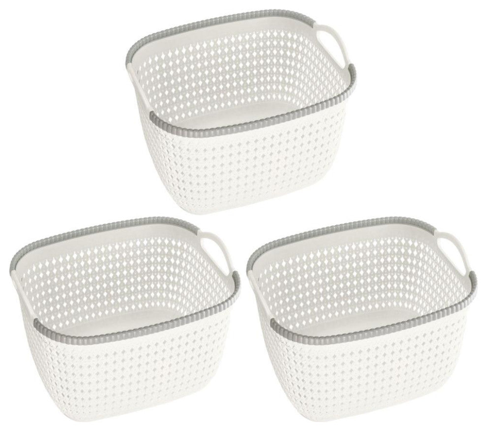 Rattan Plastic Weave Storage Bin, White, Large, 3-Pack