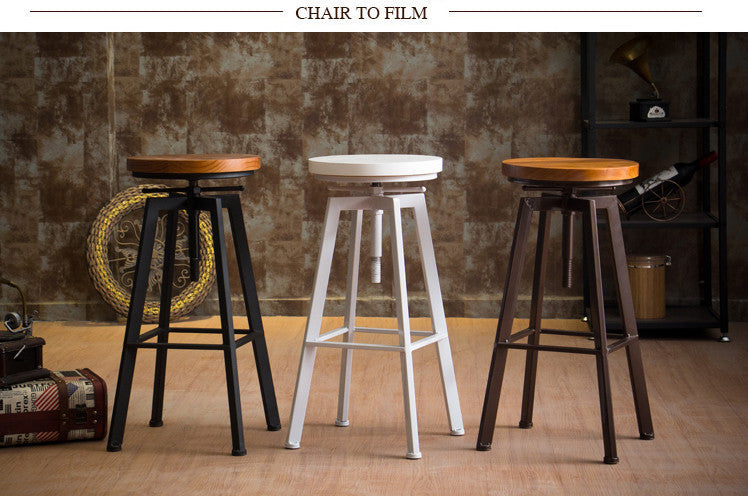 Industrial-Styled Iron Rotating and Lifting Bar Stool Made of Solid Wood, Copper