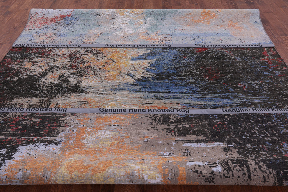 9' 1" X 12' 1" Wool and Silk Abstract Hand-Knotted Rug Q8868