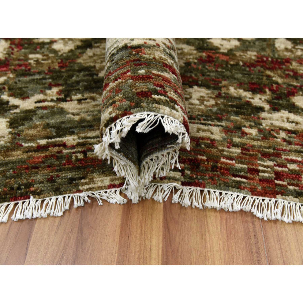 Green With Pop of Red, Hand Knotted Mahal Design, Pure Wool Rug, 9'1"x11'10"
