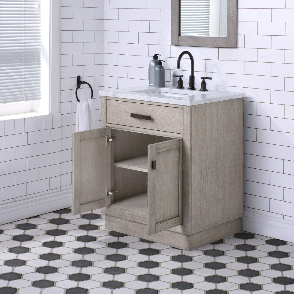 Chestnut 30" Bath Vanity, Grey Oak, Mirror, Oil-Rubbed Bronze Hardware