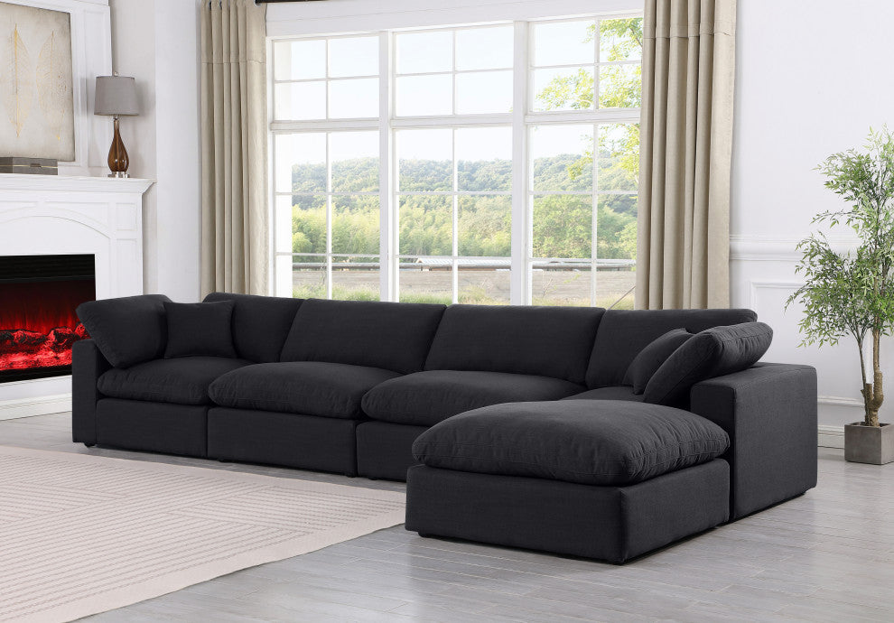 Comfy Upholstered L-Shaped Modular Sectional, Black, 5-Piece: 2 Armless Chair, 2 Corner Chair, 1 Ottoman, Linen Textured Fabric