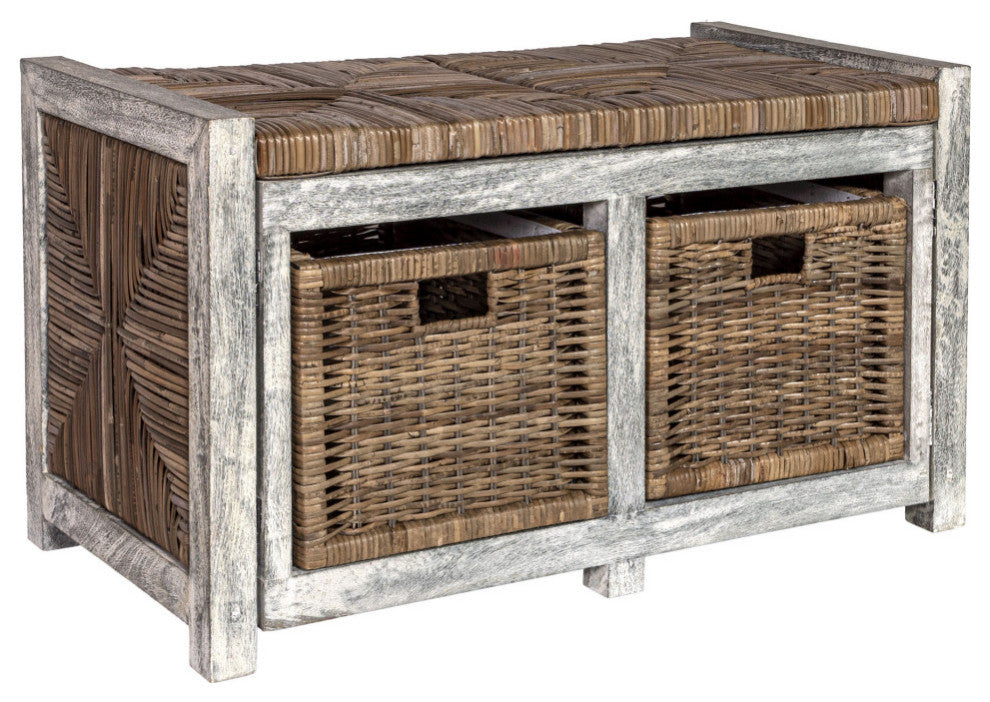 Happimess Rustic 30" 2 Drawer Wicker Storage Bench, Gray