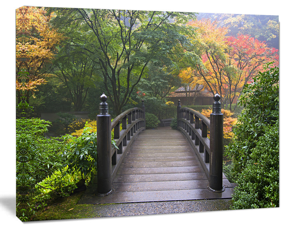 Wood Bridge at Japanese Garden In Fall, Bridge Canvas Art Print, 60"x28"