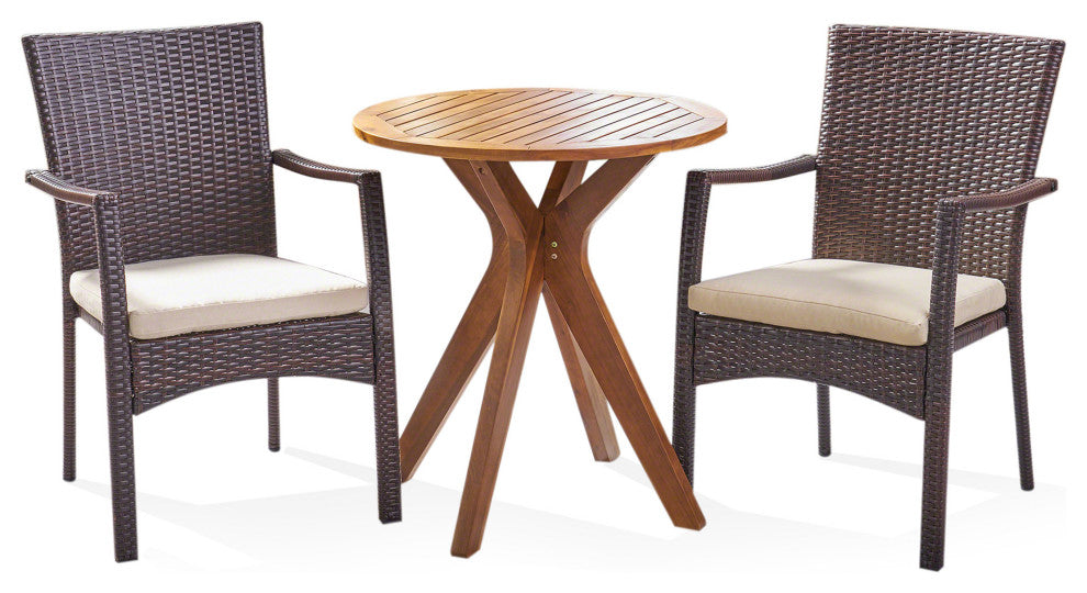 GDF Studio 3-Piece Kohler Outdoor Teak Acacia Wood and Wicker Bistro Set