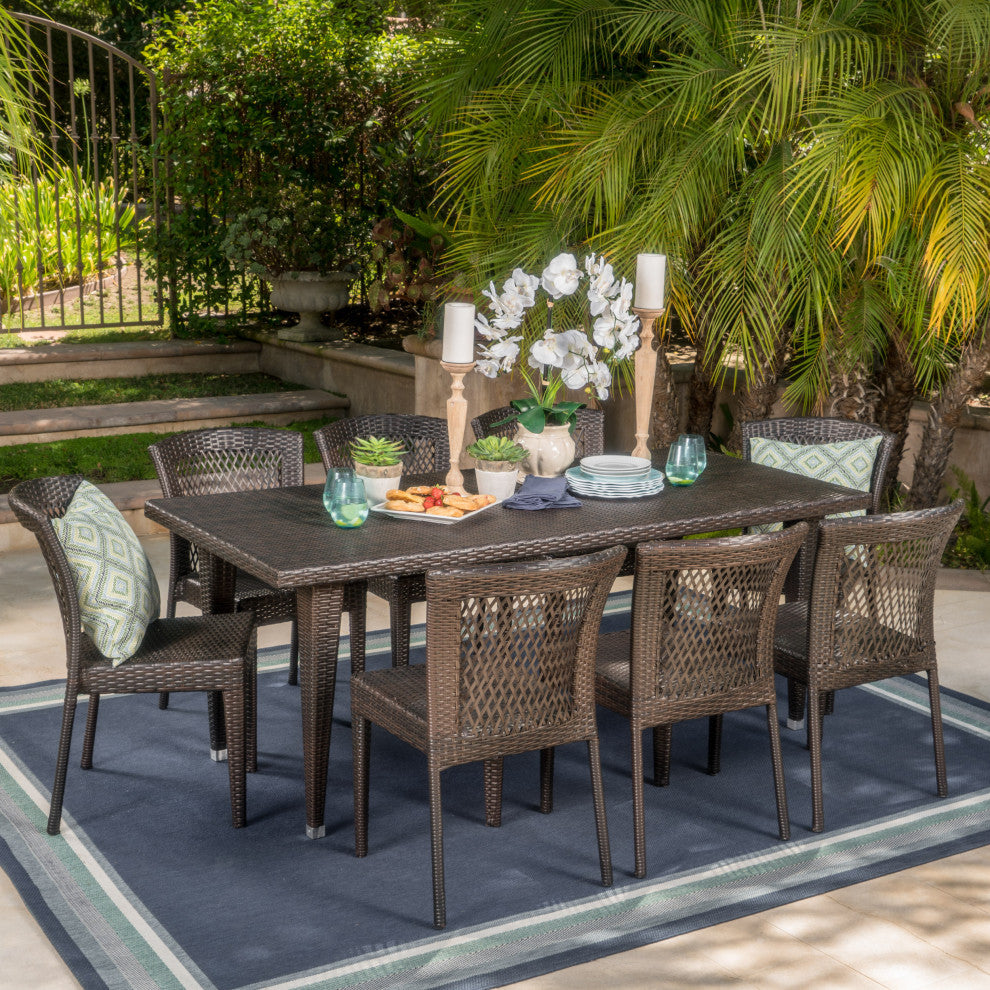 GDF Studio 9-Piece Beach Lane Outdoor Multi-Brown Wicker Dining Set
