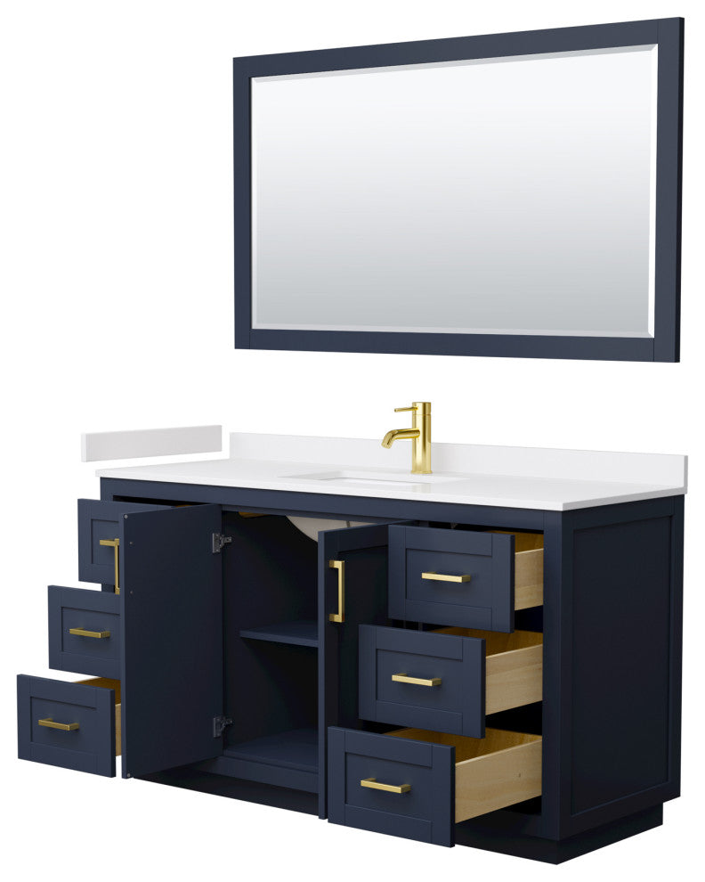 60"SGL Vanity Dark Blue, White Cult. Marble Top, Sink, Gold Trim, 58"Mirror