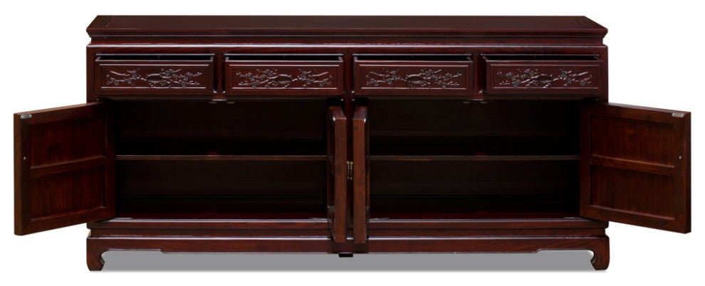 Dark Cherry Elmwood Bird and Flower Motif Oriental Sideboard