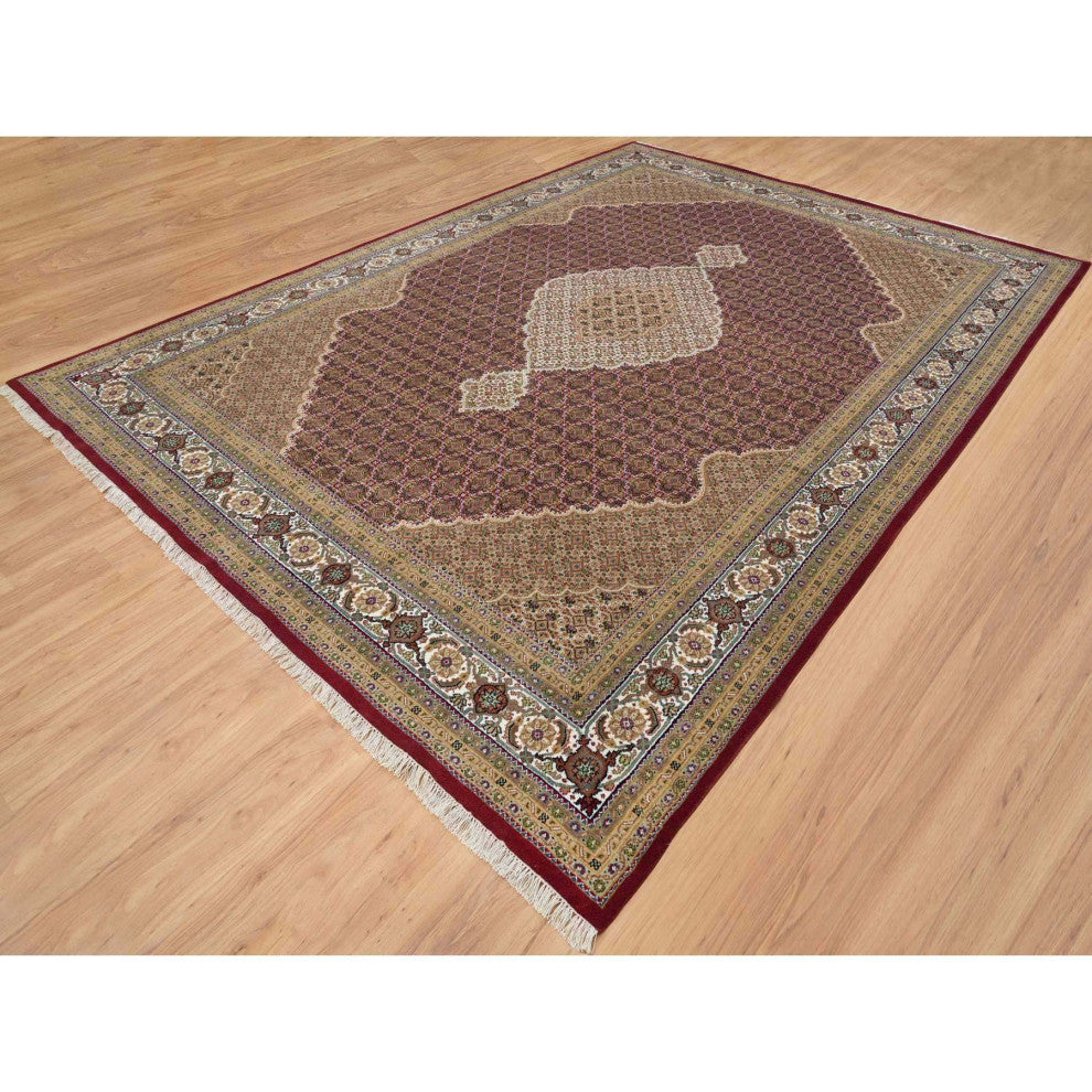 Mahogany Red Tabriz Mahi 175 KPSI Wool Hand Knotted Oriental Rug, 10'x13'10"