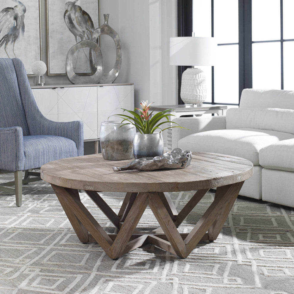 Luxe Rustic Geometric Reclaimed Wood  Coffee Table Round Zig Zag Open Triangle