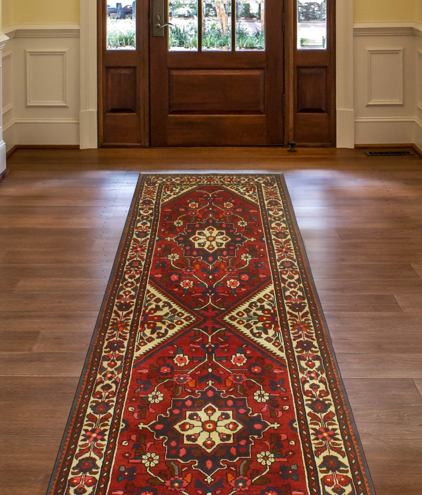 Fine Vintage Distressed Ariela Red/Ivory Runner, 3'8 x 9'10