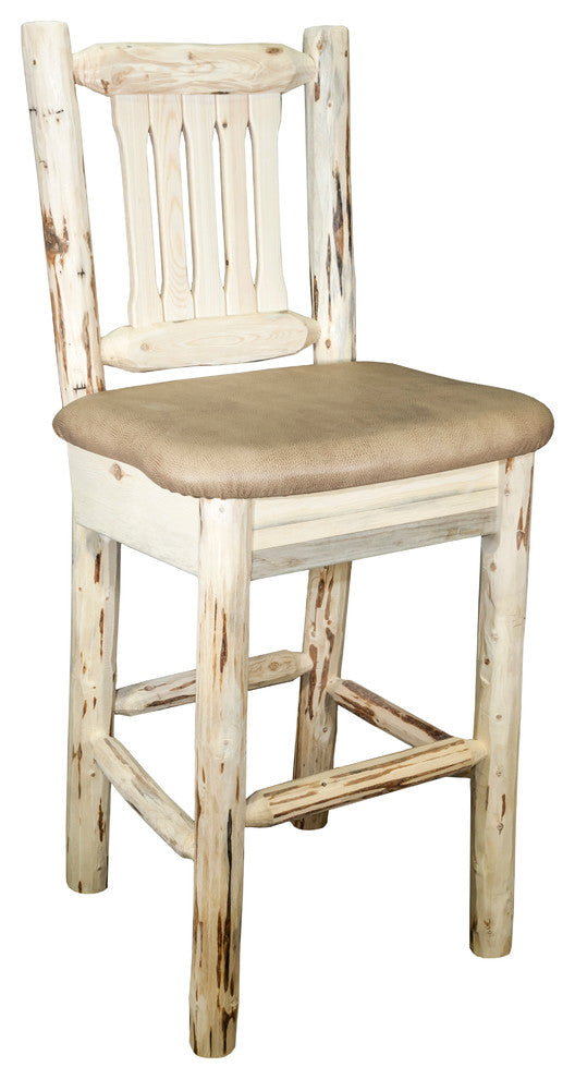 Barstool With Back, Clear Lacquer Finish With Upholstered Seat, Buckskin Pattern