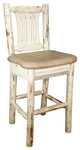 Barstool With Back, Clear Lacquer Finish With Upholstered Seat, Buckskin Pattern