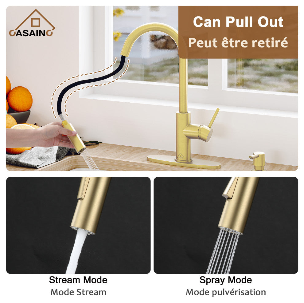 Touchless Pull Down Single Handle Kitchen Faucet With LED Function, Brushed Gold