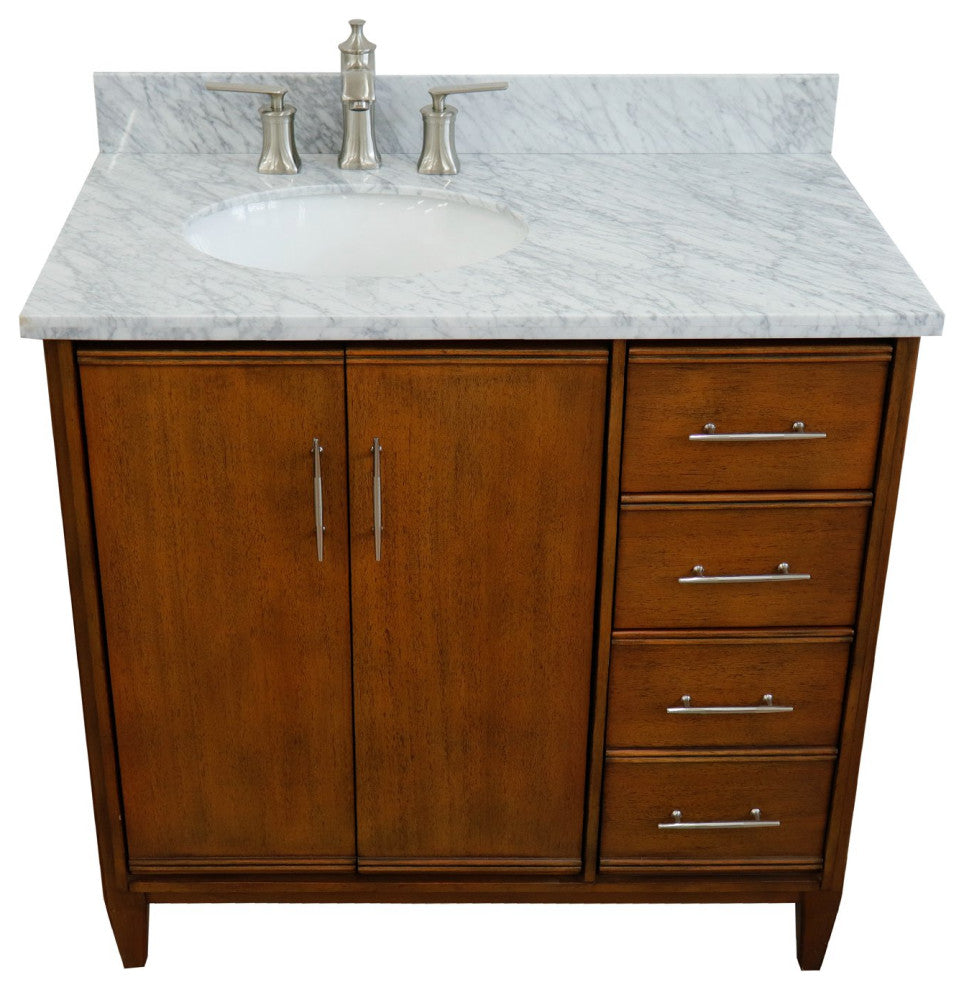 37" Single Vanity, Walnut Finish With White Carrara