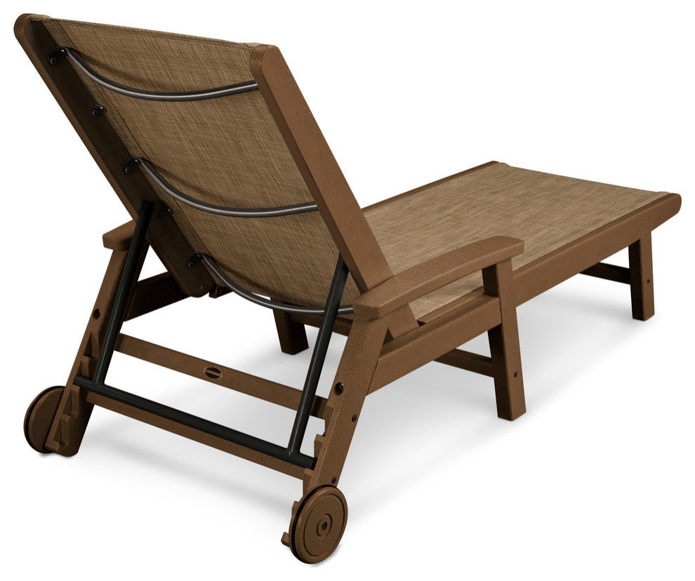 Coastal Chaise With Wheels, Teak / Burlap Sling