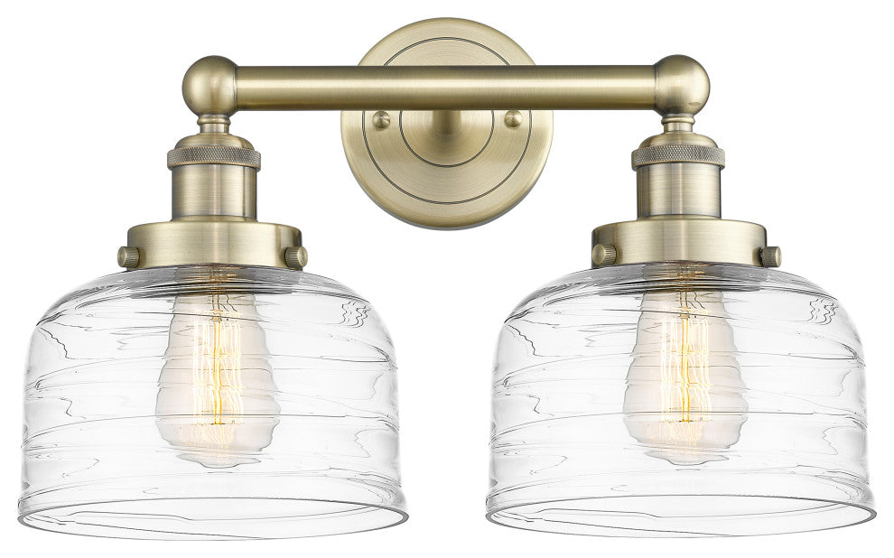 Edison Large Bell 2-Light 16" Bath Vanity Light, Antique Brass, Clear Deco Swirl