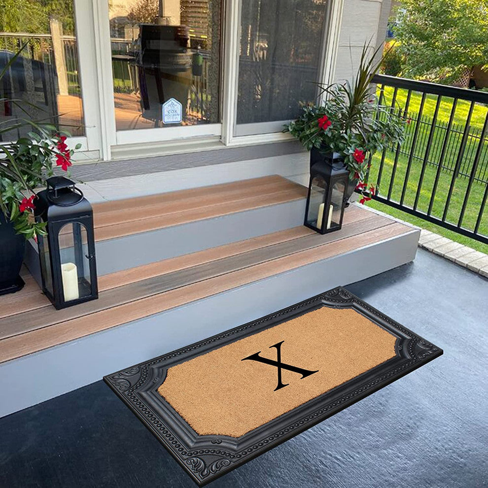 Angela Bronze Finished Black/Beige 24"x39" Monogrammed Doormat, X