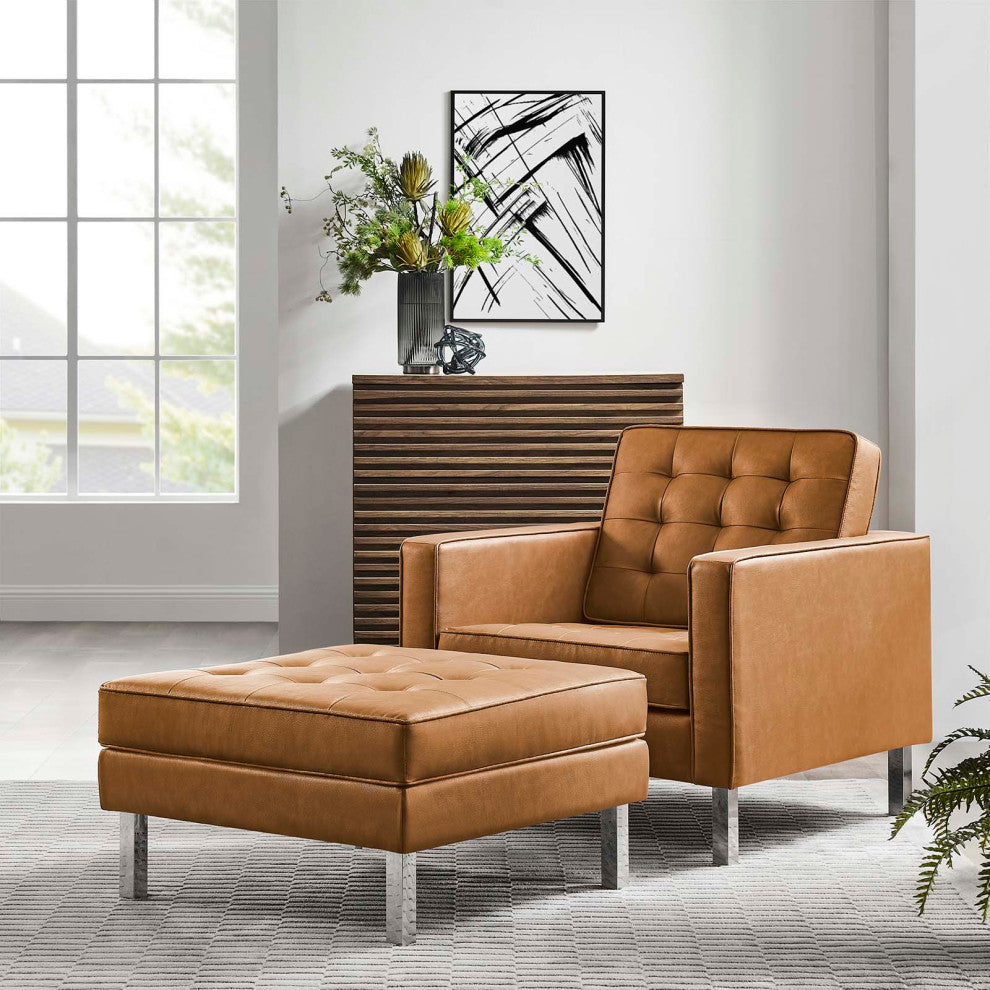 Loft Tufted Vegan Leather Armchair and Ottoman Set, Silver Tan
