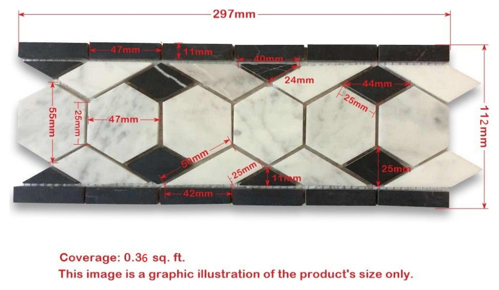 Carrera Marble 2" Hexagon Mosaic Border Listello Accent Tile Polished, 1 sheet