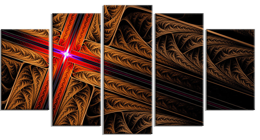 Golden Fractal Cross Design, Contemporary Canvas Art Print, 60"x32", 5 Panels