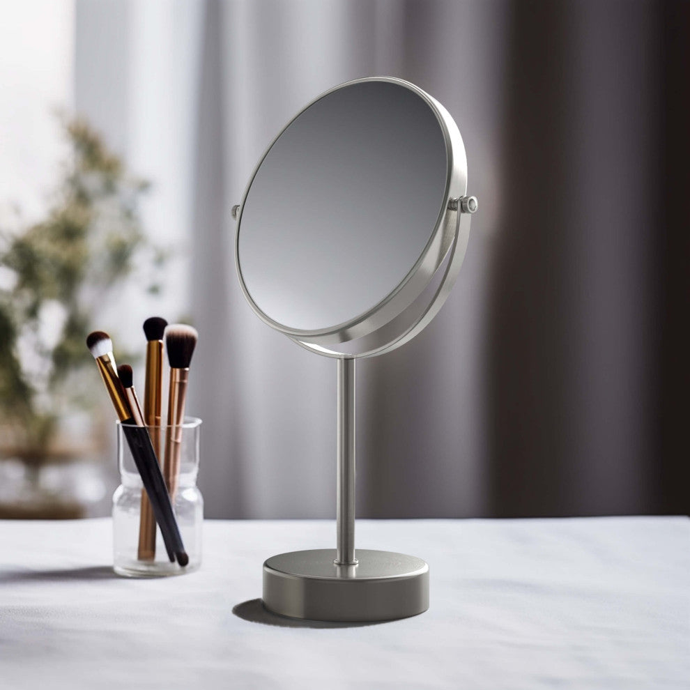 Circular Free Standing Magnifying Make Up Mirror, Brushed Nickel