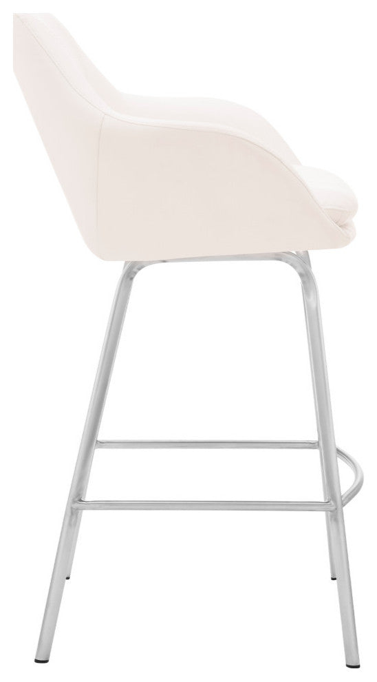 Aura Faux Leather and Metal Bar Stool, Stainless Steel and White, Bar Height, 29-32"