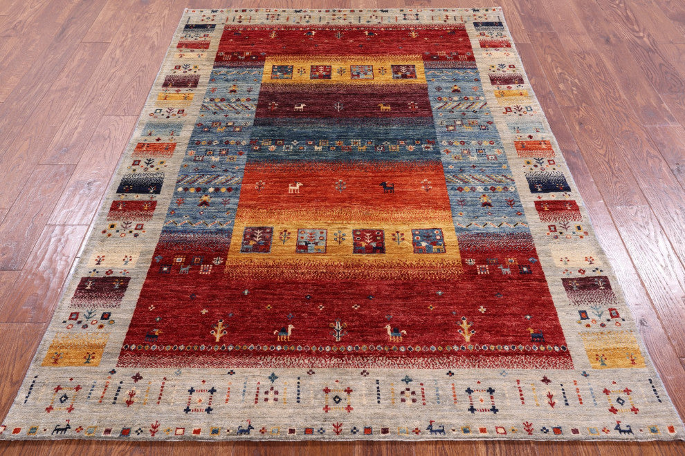 Persian Gabbeh Tribal Hand-Knotted Rug 4' 9" X 6' 10" Q5298