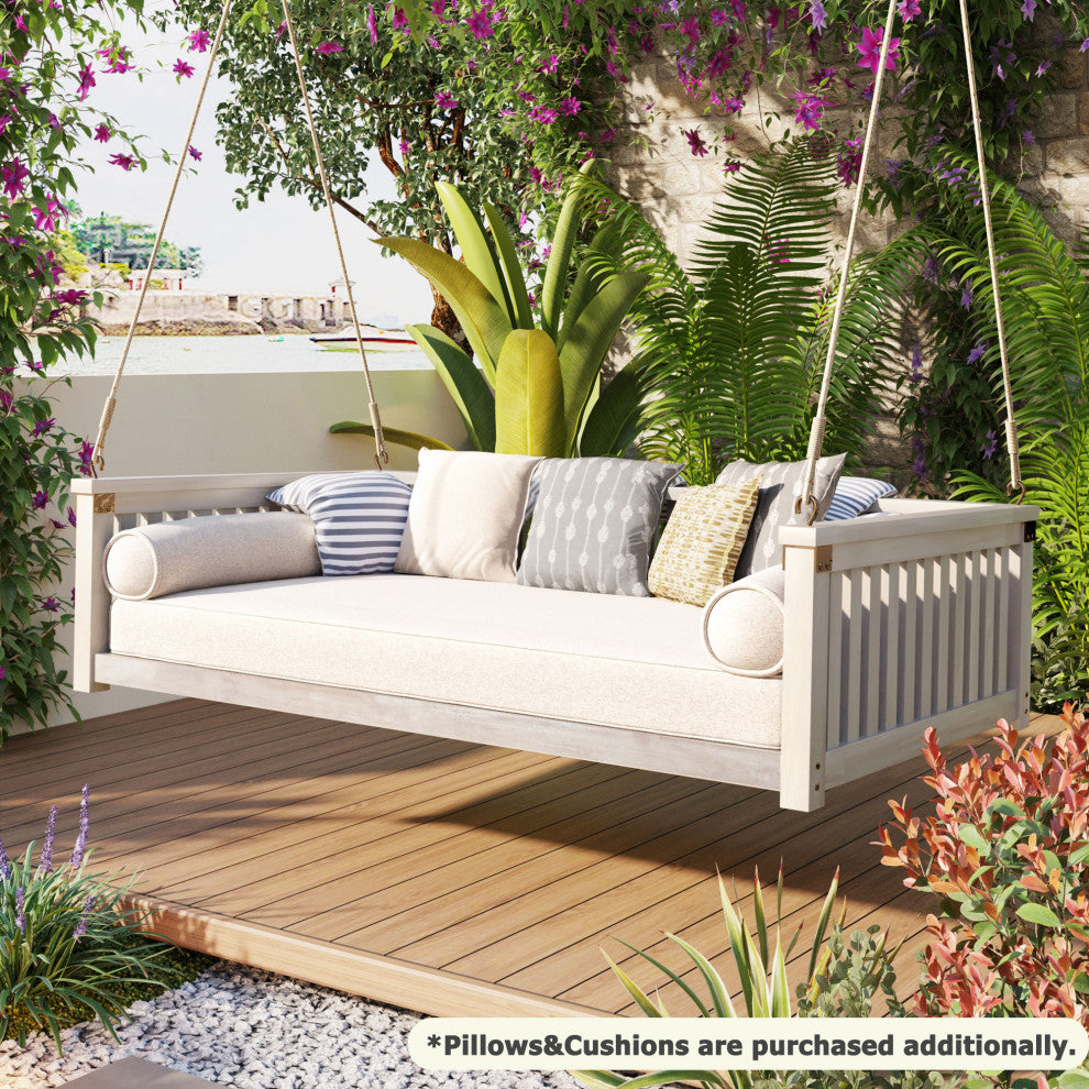 GDF Studio Acacia Wood Twin Size Garden Porch Swing Bed, White