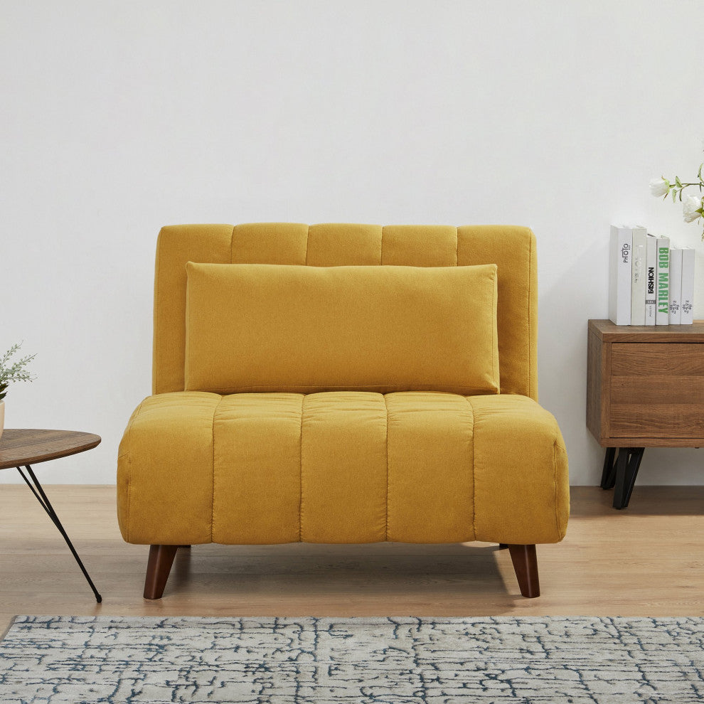 Convertible Futon Chair with Pine Wood Frame and Tufted Polyester Seat, Yellow