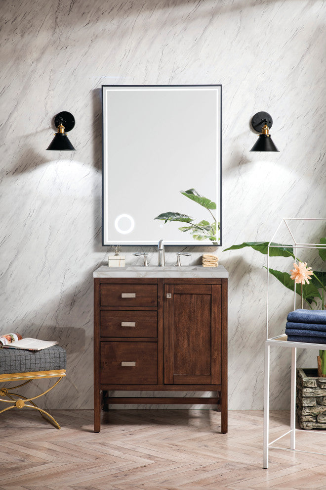 Addison 30" Single Vanity Cabinet, Mid-Century Acacia, Victorian Silver, Three-Hole