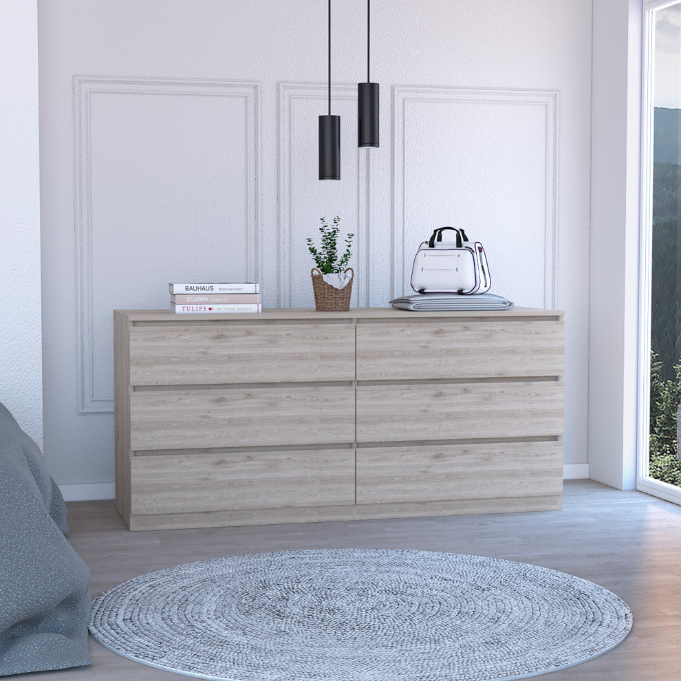 Seul 6 Drawer Double Dresser, Light Gray White