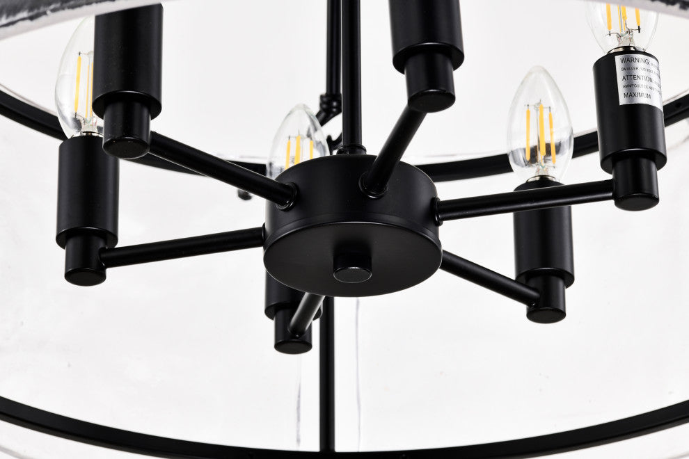 6-Light Matte Black Drum Pendant Design Chandelier With Rippled Glass